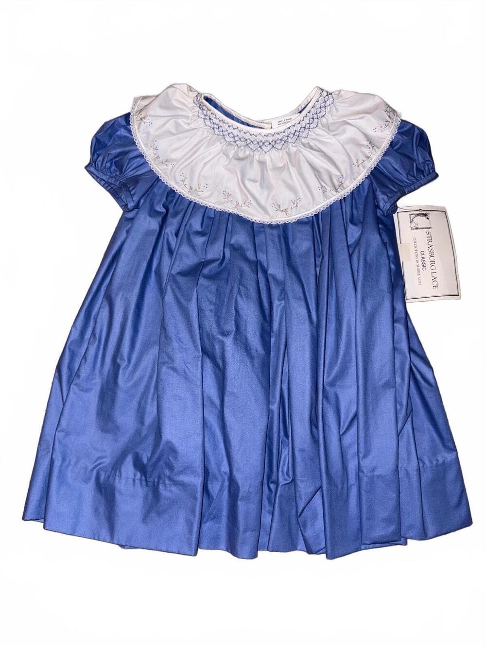 Deadstock Strasburg Lace Heirloom Blue Smocked Floral Collar Dress Girls 2t